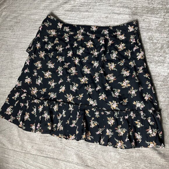 TOPSHOP Black Floral Ruffled Viscose A-Line Women's Skirt Size 10 EUC Preppy - Picture 12 of 12
